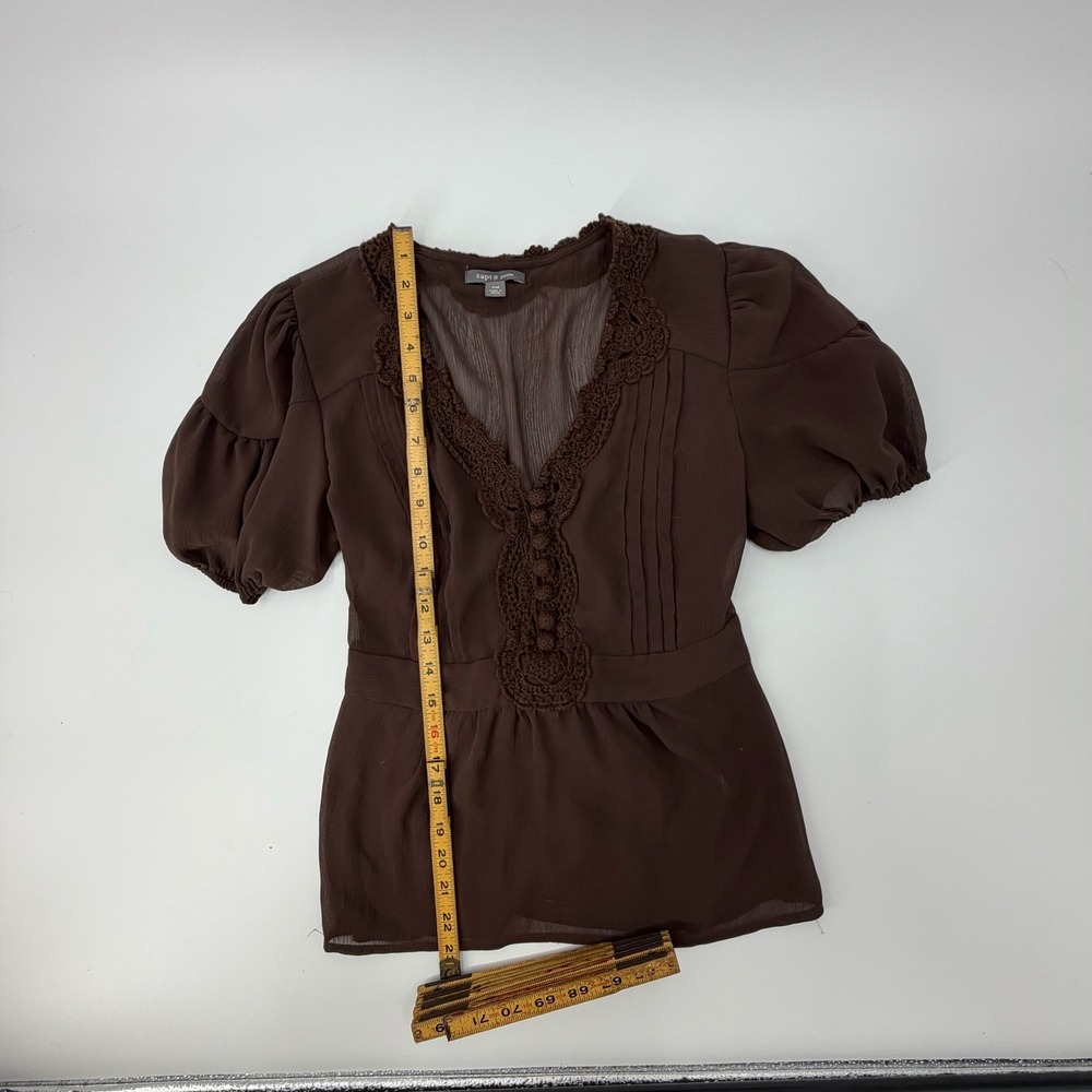 Coquette Cottagecore Brown Sheer Crochet Lace Trim Puff Sleeve Blouse Top PM - Picture 4 of 5